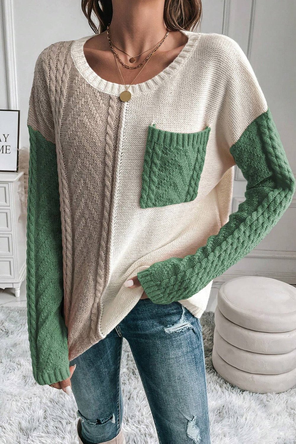 Color Block Round Neck Long Sleeve Sweater - Loulou Boutique