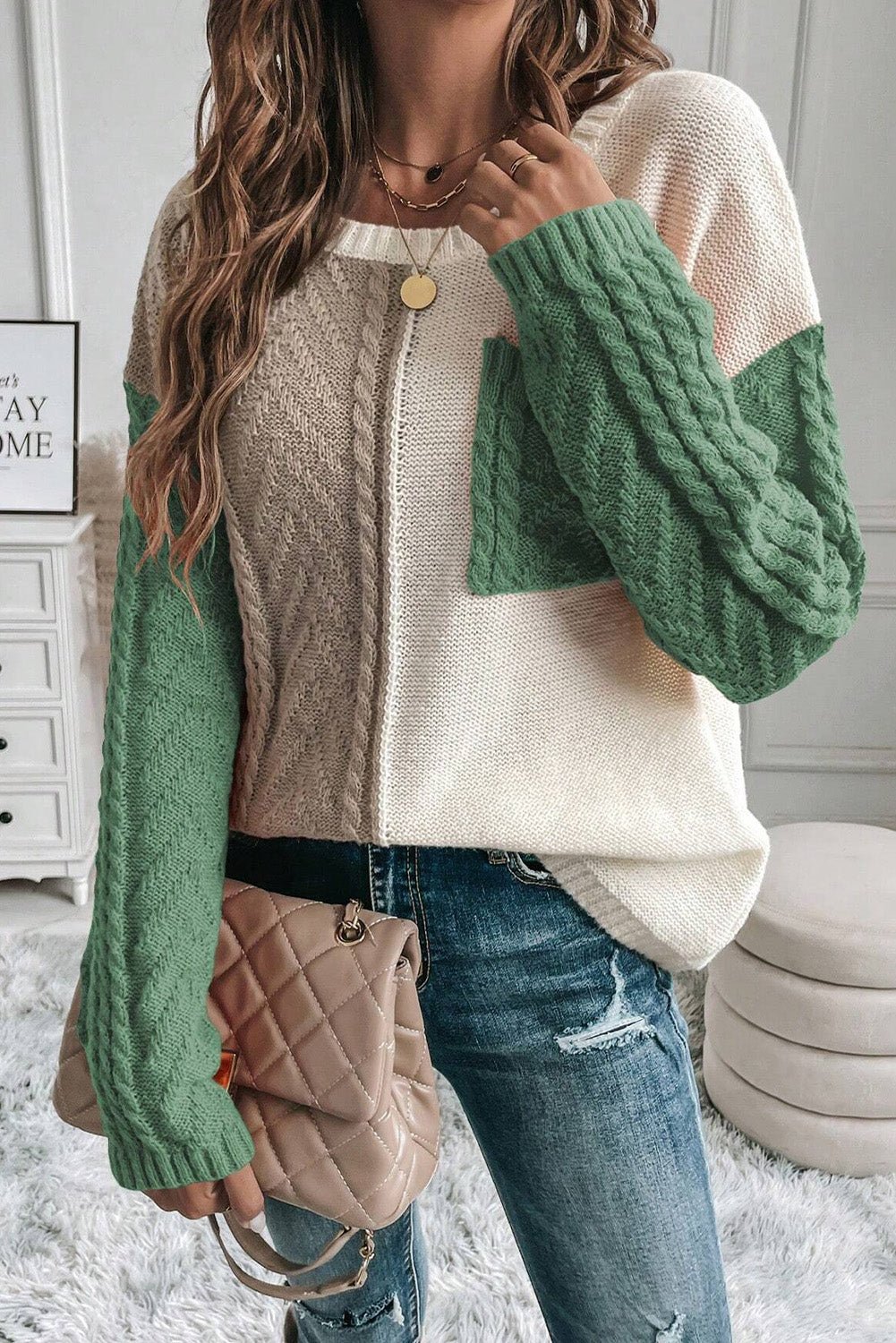 Color Block Round Neck Long Sleeve Sweater - Loulou Boutique