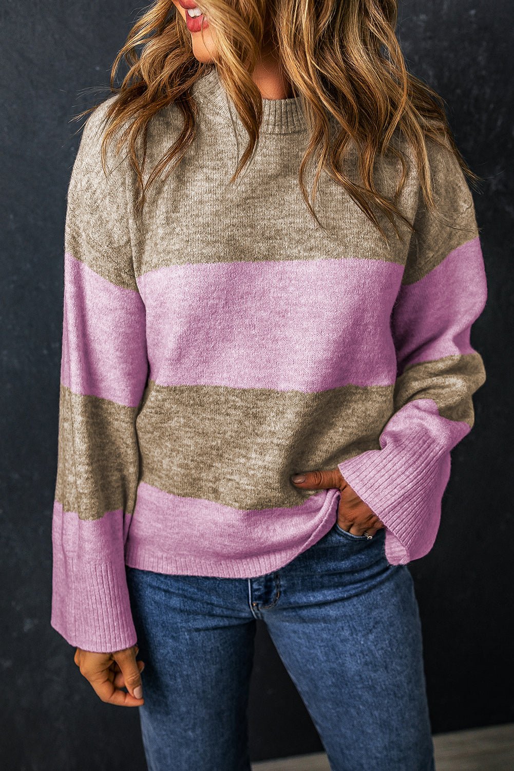 Color Block Round Neck Long Sleeve Sweater - Loulou Boutique