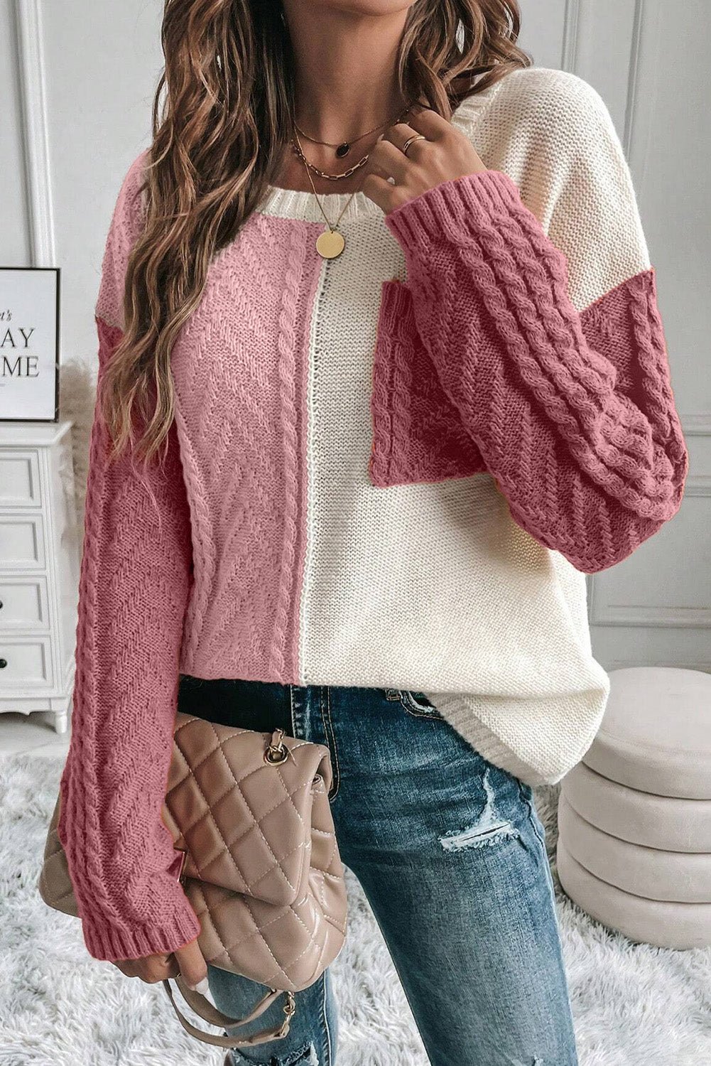 Color Block Round Neck Long Sleeve Sweater - Loulou Boutique