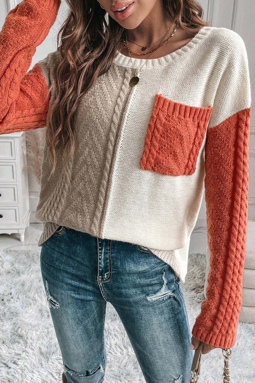 Color Block Round Neck Long Sleeve Sweater - Loulou Boutique