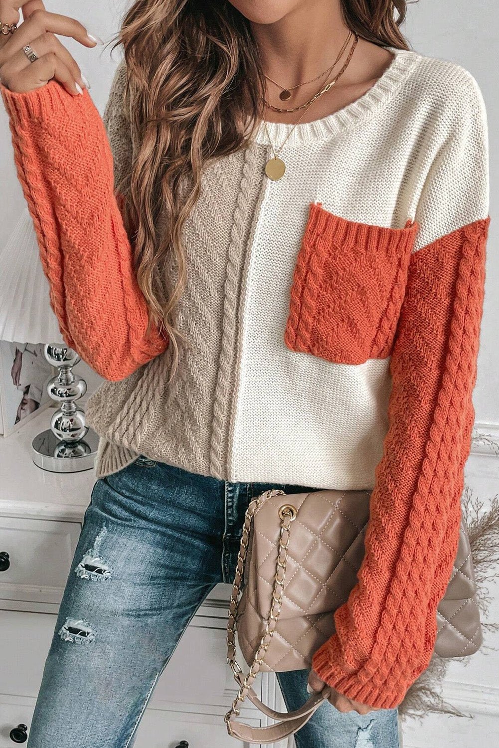Color Block Round Neck Long Sleeve Sweater - Loulou Boutique