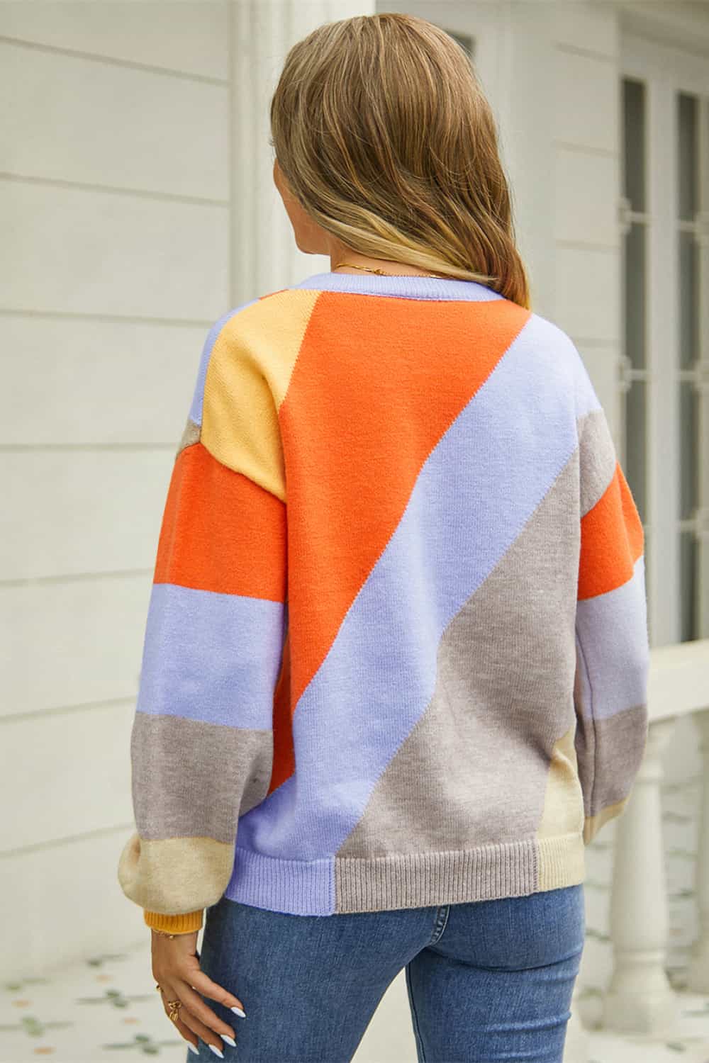 Color Block Round Neck Long Sleeve Sweater - Loulou Boutique