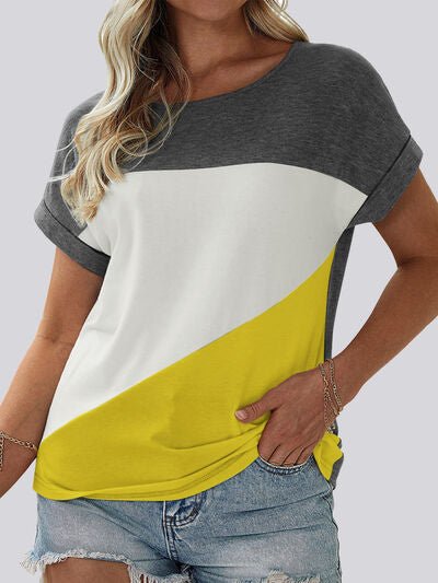Color Block Round Neck Short Sleeve T - Shirt - Loulou Boutique
