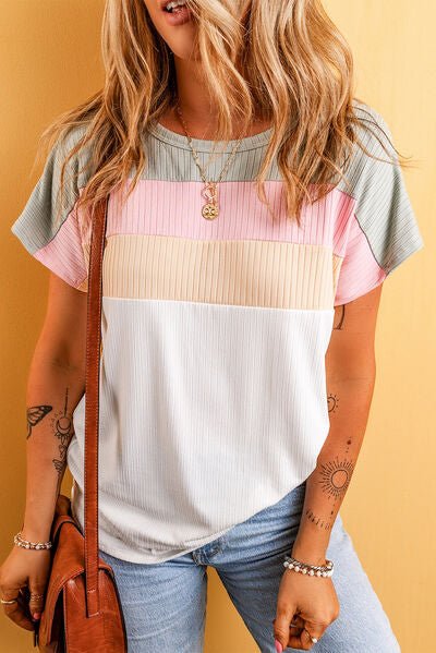 Color Block Round Neck Short Sleeve T - Shirt - Loulou Boutique