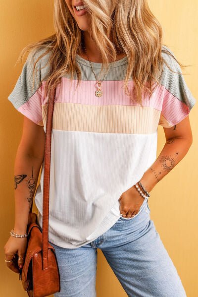 Color Block Round Neck Short Sleeve T - Shirt - Loulou Boutique