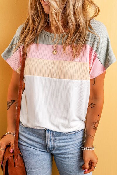 Color Block Round Neck Short Sleeve T - Shirt - Loulou Boutique