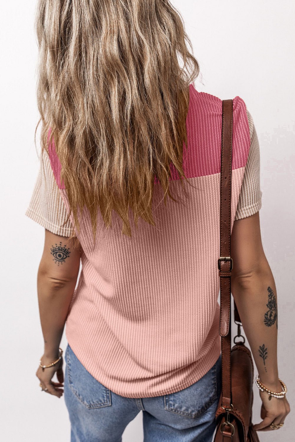 Color Block Round Neck Short Sleeve T - Shirt - Loulou Boutique