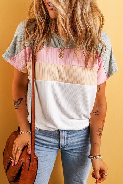 Color Block Round Neck Short Sleeve T - Shirt - Loulou Boutique