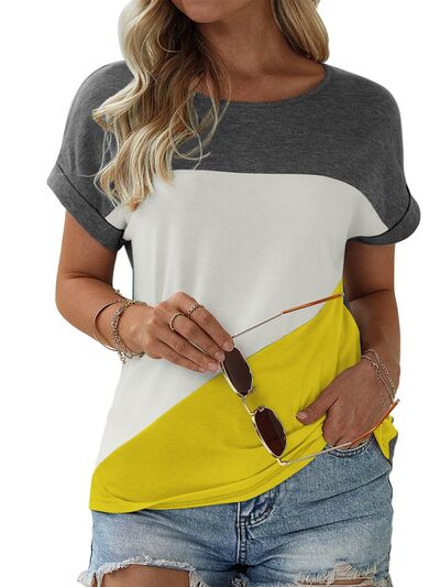 Color Block Round Neck Short Sleeve T - Shirt - Loulou Boutique