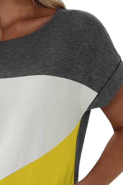 Color Block Round Neck Short Sleeve T - Shirt - Loulou Boutique