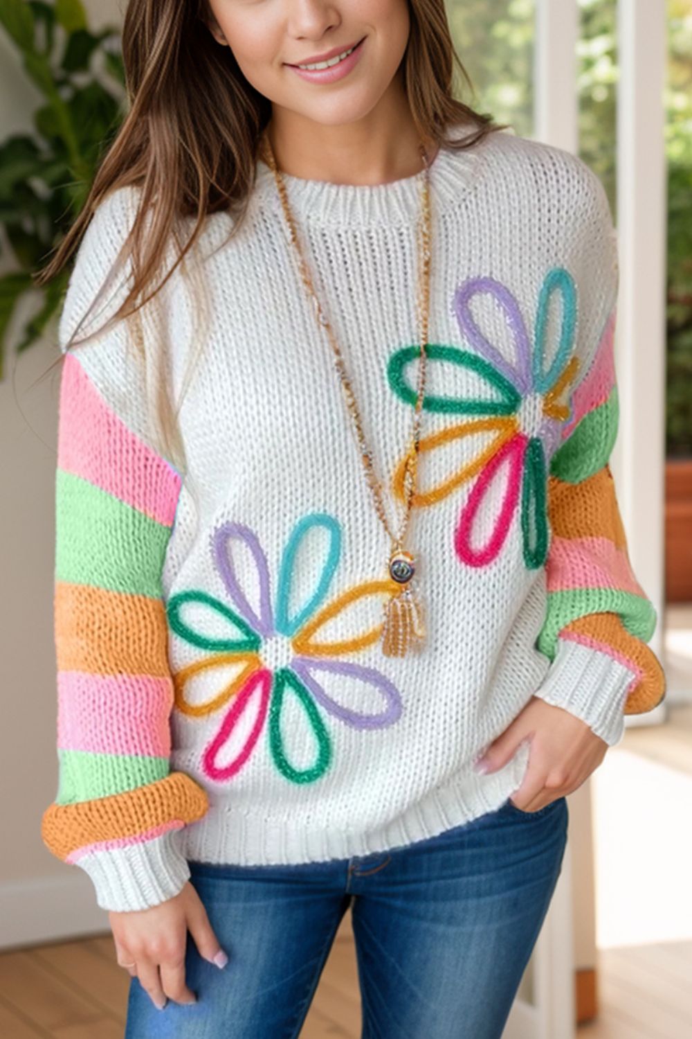 Color Block Round Neck Sweater - Loulou Boutique