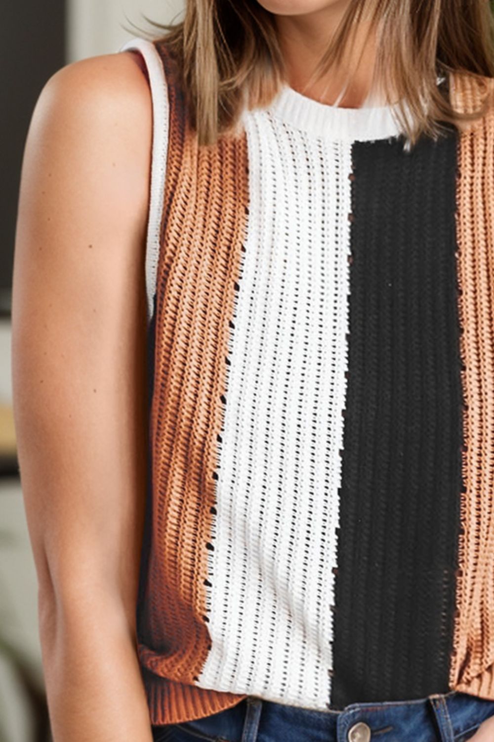Color Block Round Neck Sweater Vest - Loulou Boutique