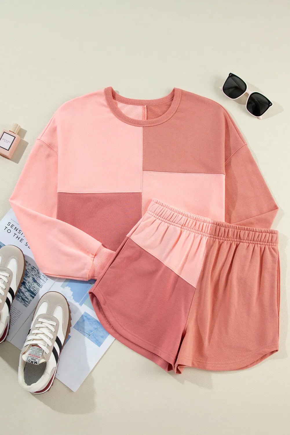 Color Block Round Neck Top and Shorts Set - Loulou Boutique