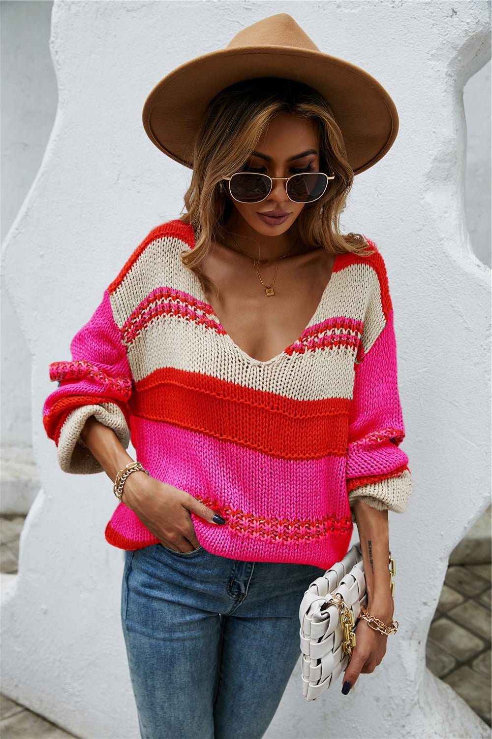 Color Block Scoop Neck Dropped Shoulder Sweater - Loulou Boutique