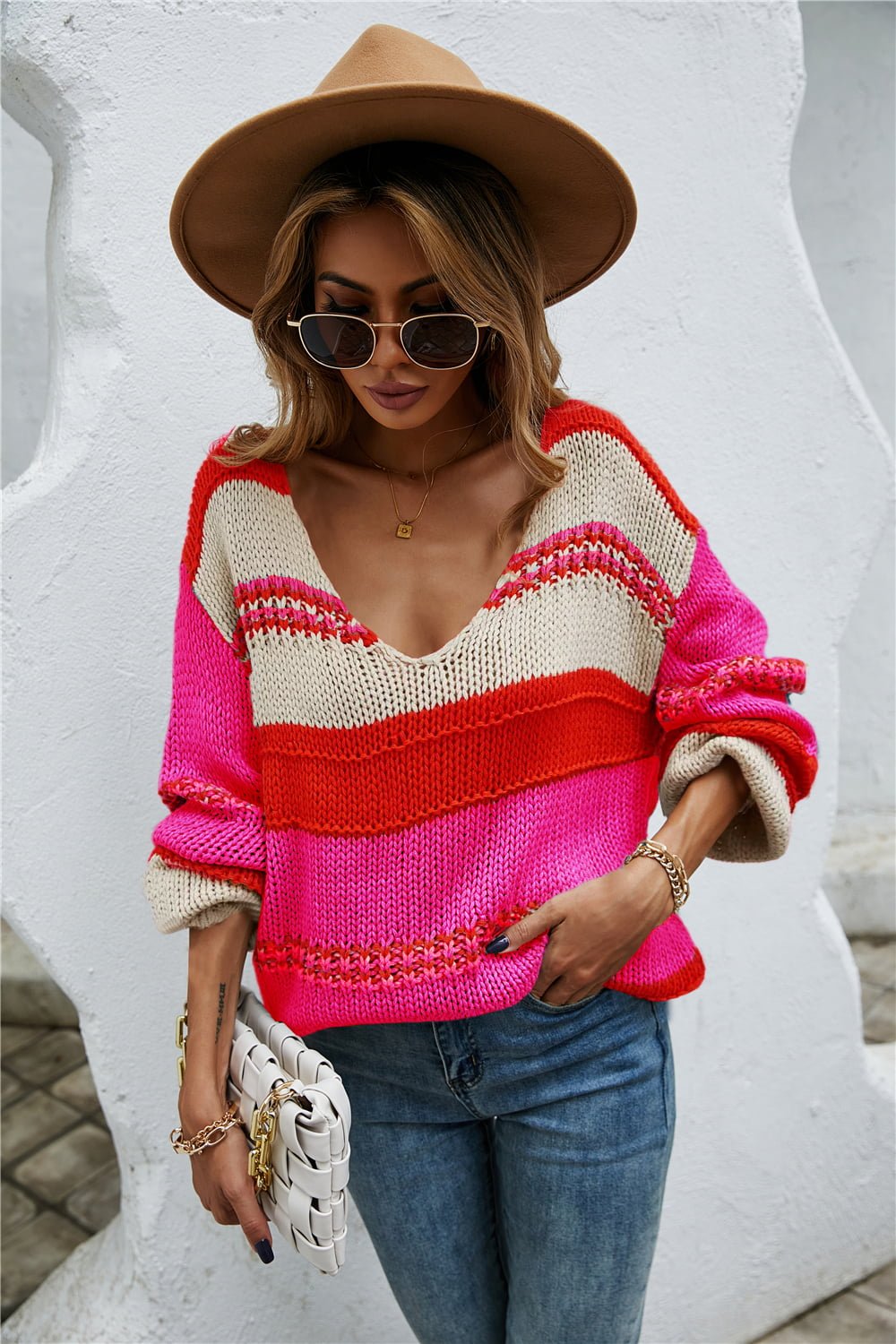 Color Block Scoop Neck Dropped Shoulder Sweater - Loulou Boutique