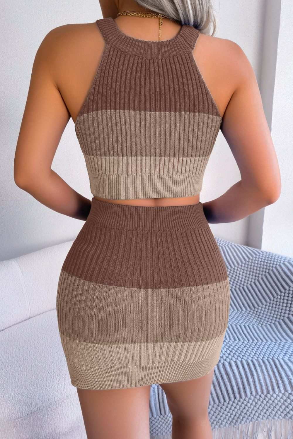 Color Block Sleeveless Crop Knit Top and Skirt Set - Loulou Boutique