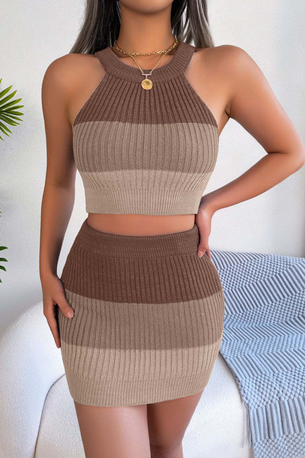 Color Block Sleeveless Crop Knit Top and Skirt Set - Loulou Boutique