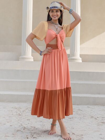 Color Block Tie Front Smocked Midi Dress - Loulou Boutique