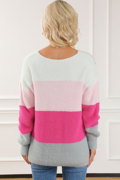 Color Block V - Neck Dropped Shoulder Sweater - Loulou Boutique