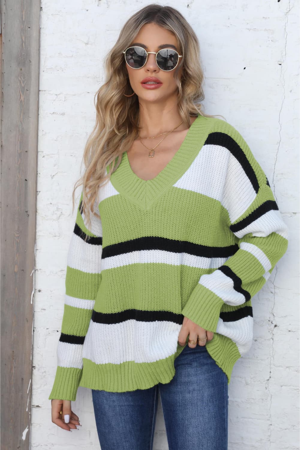 Color Block V - Neck Dropped Shoulder Sweater - Loulou Boutique