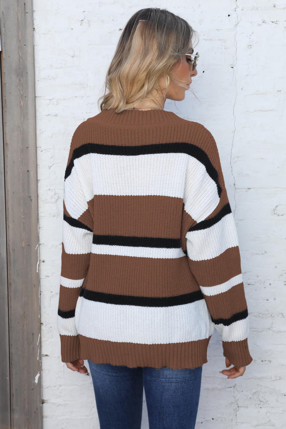 Color Block V - Neck Dropped Shoulder Sweater - Loulou Boutique