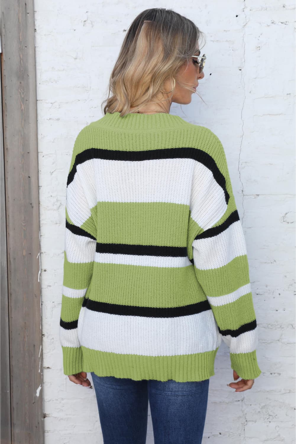Color Block V - Neck Dropped Shoulder Sweater - Loulou Boutique