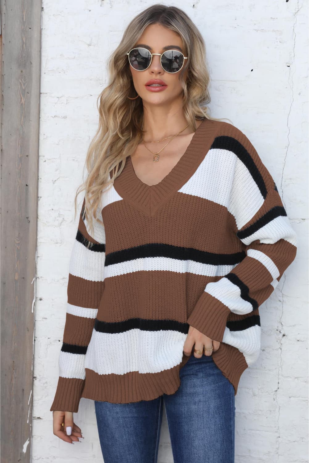 Color Block V - Neck Dropped Shoulder Sweater - Loulou Boutique