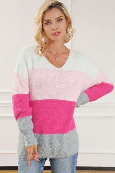 Color Block V - Neck Dropped Shoulder Sweater - Loulou Boutique