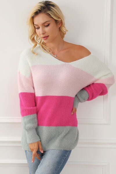 Color Block V - Neck Dropped Shoulder Sweater - Loulou Boutique