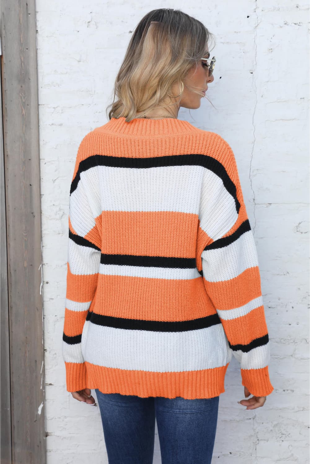 Color Block V - Neck Dropped Shoulder Sweater - Loulou Boutique