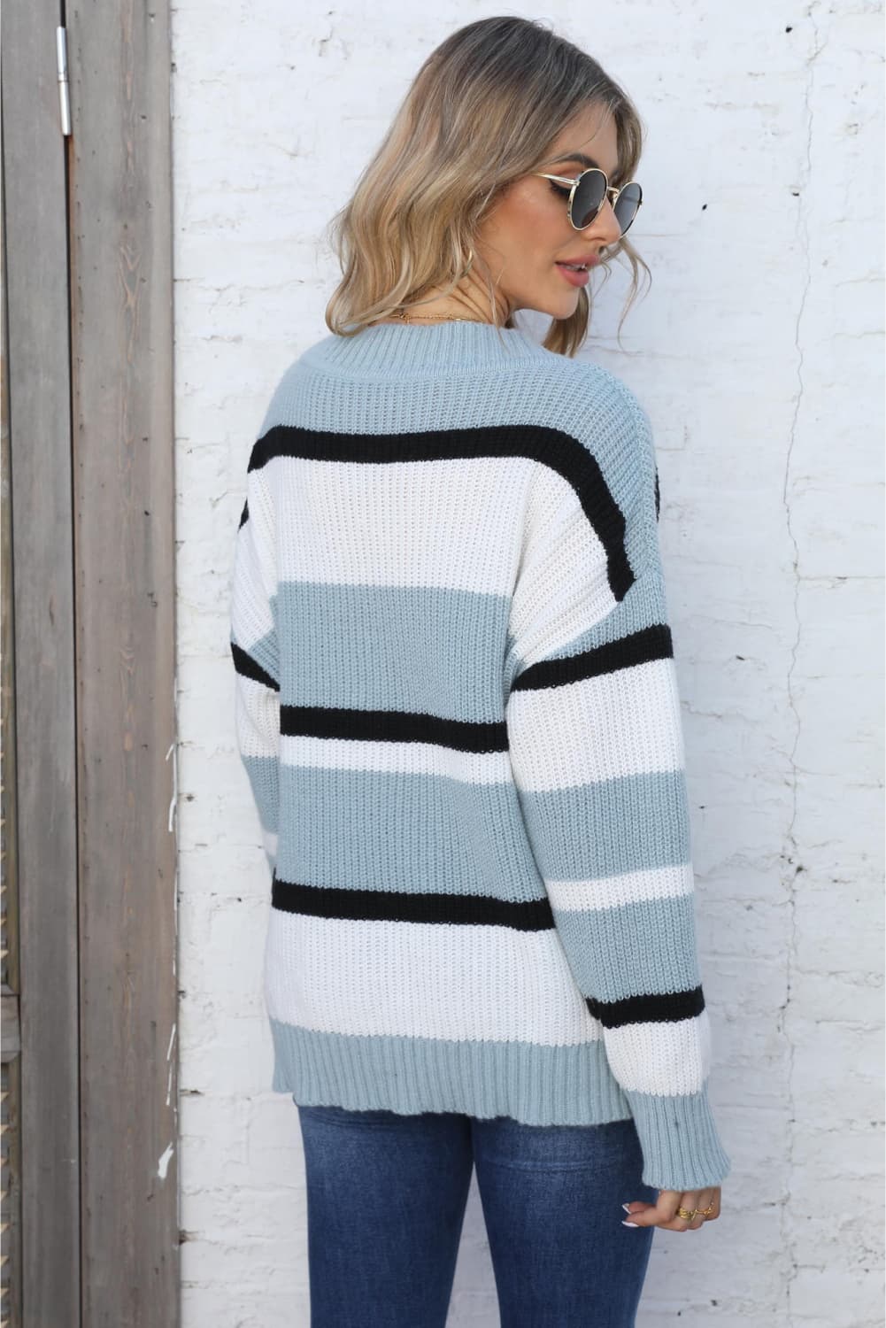 Color Block V - Neck Dropped Shoulder Sweater - Loulou Boutique