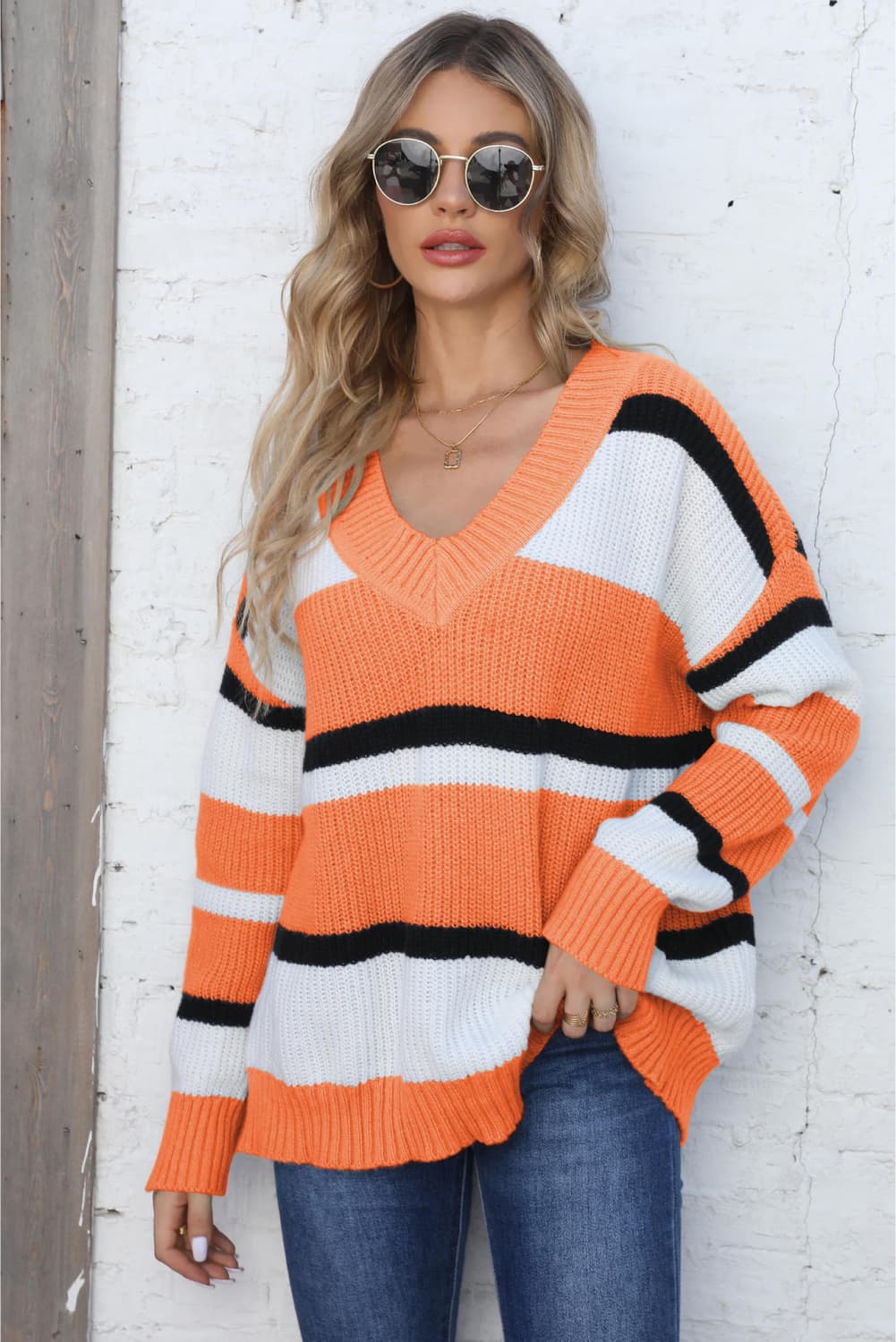 Color Block V - Neck Dropped Shoulder Sweater - Loulou Boutique