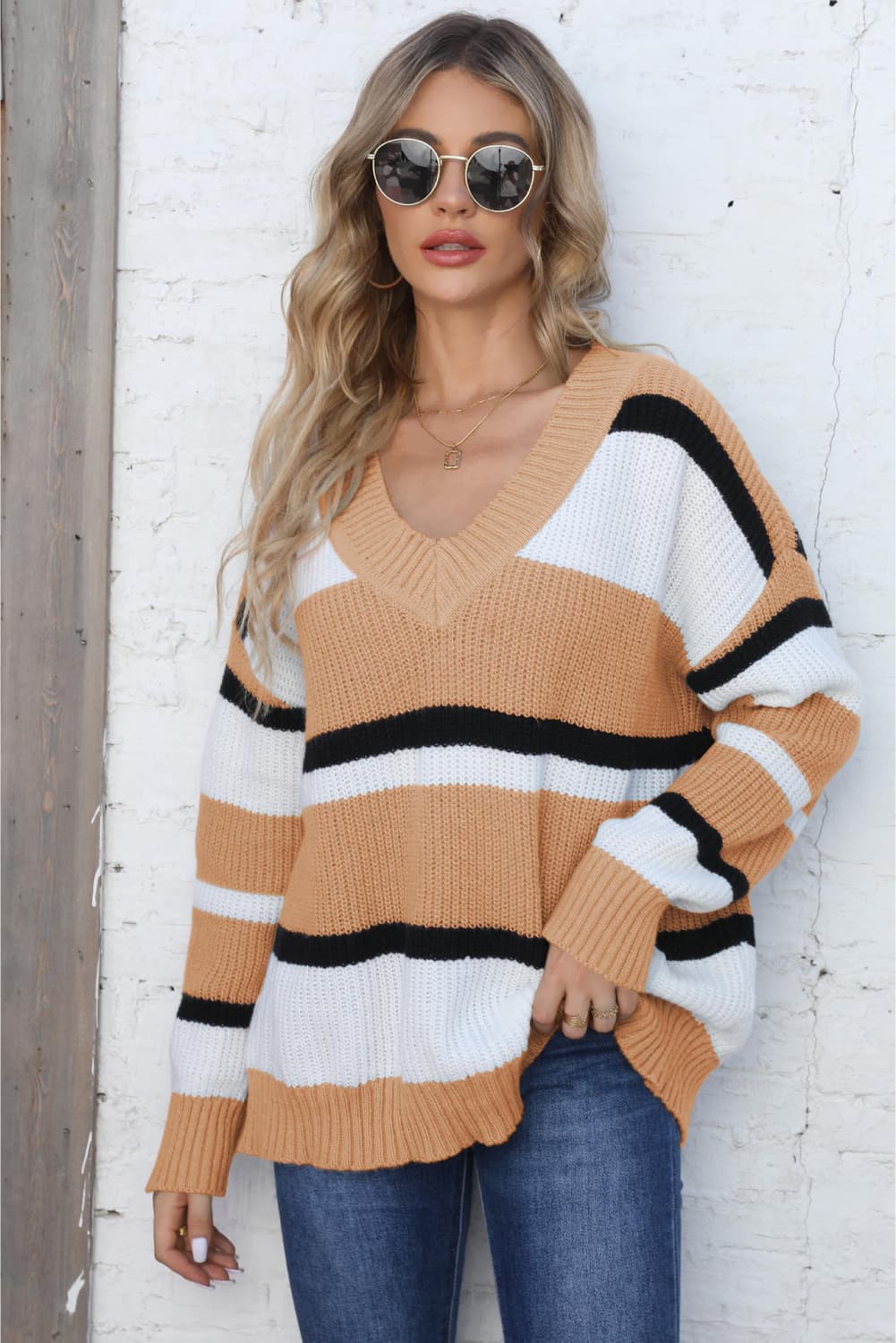 Color Block V - Neck Dropped Shoulder Sweater - Loulou Boutique