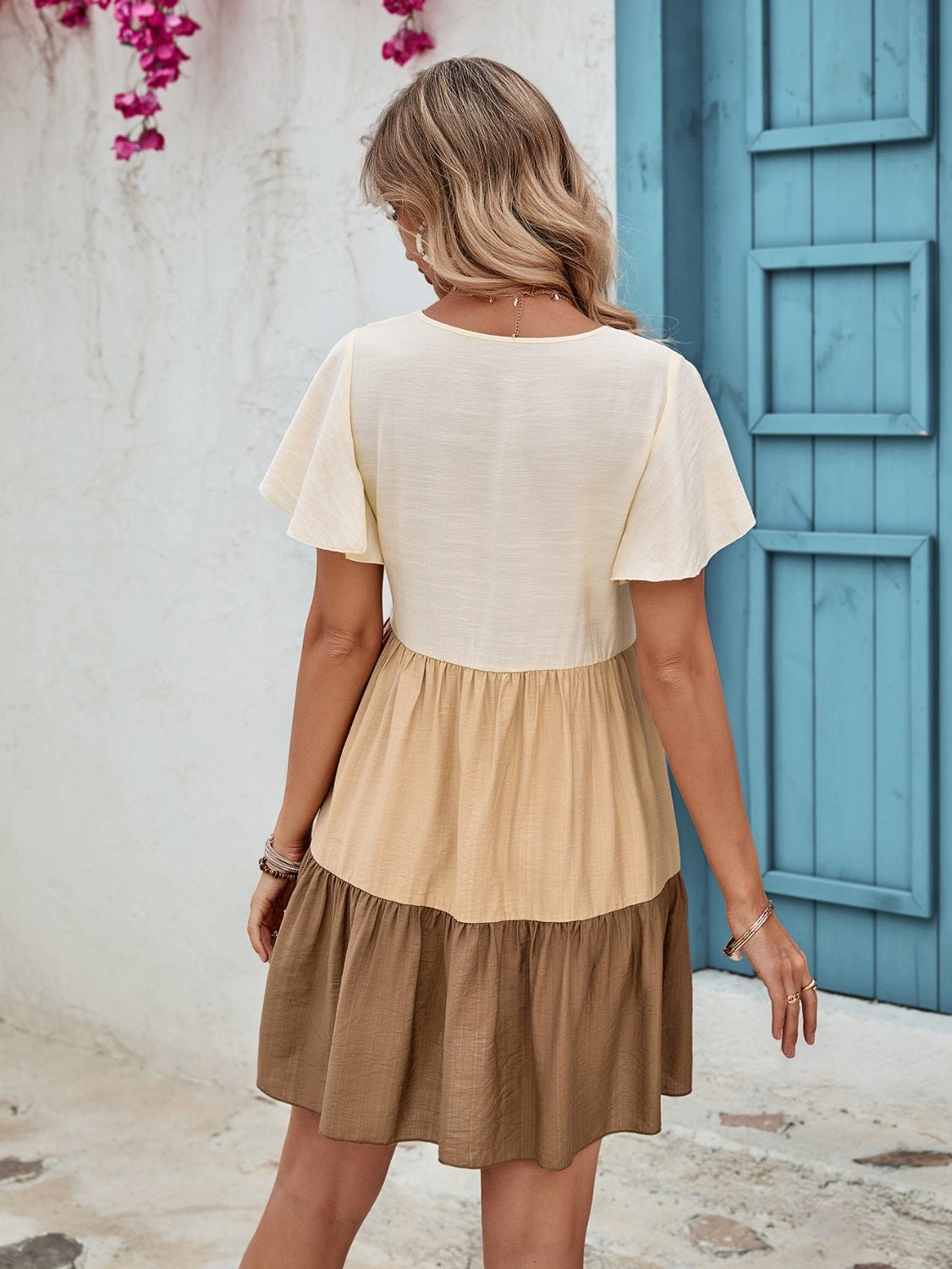 Color Block V - Neck Flutter Sleeve Mini Dress - Loulou Boutique