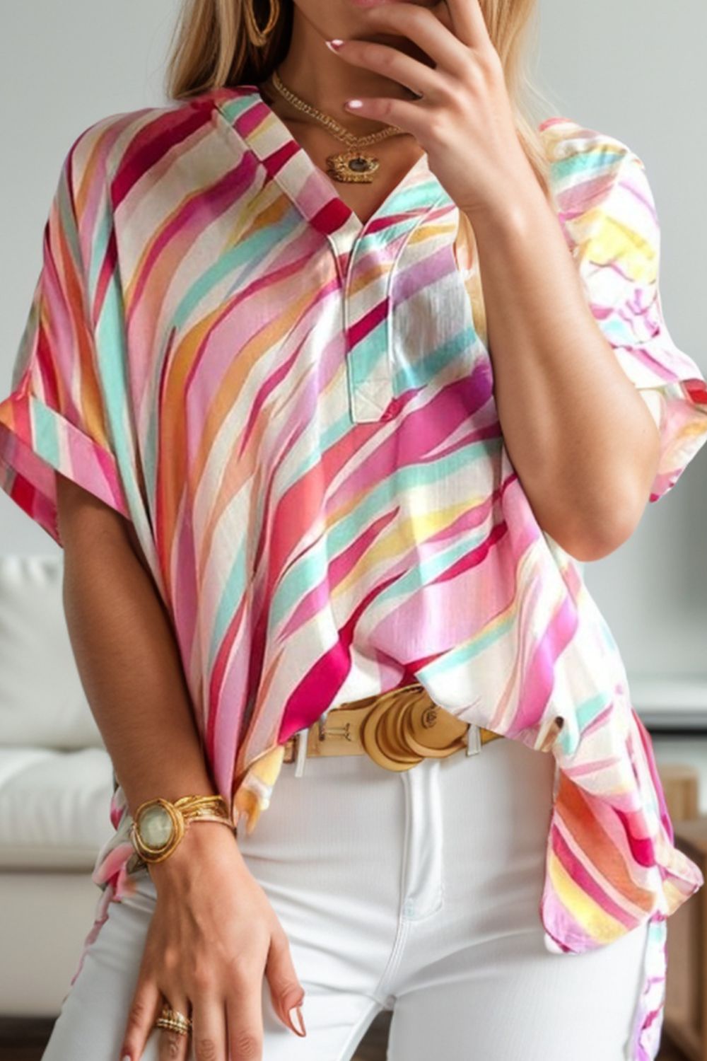 Color Block V - Neck Half Sleeve Blouse - Loulou Boutique