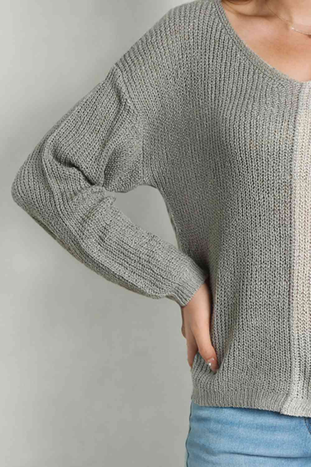 Contrast Color V - Neck Long Sleeve Pullover Sweater - Loulou Boutique