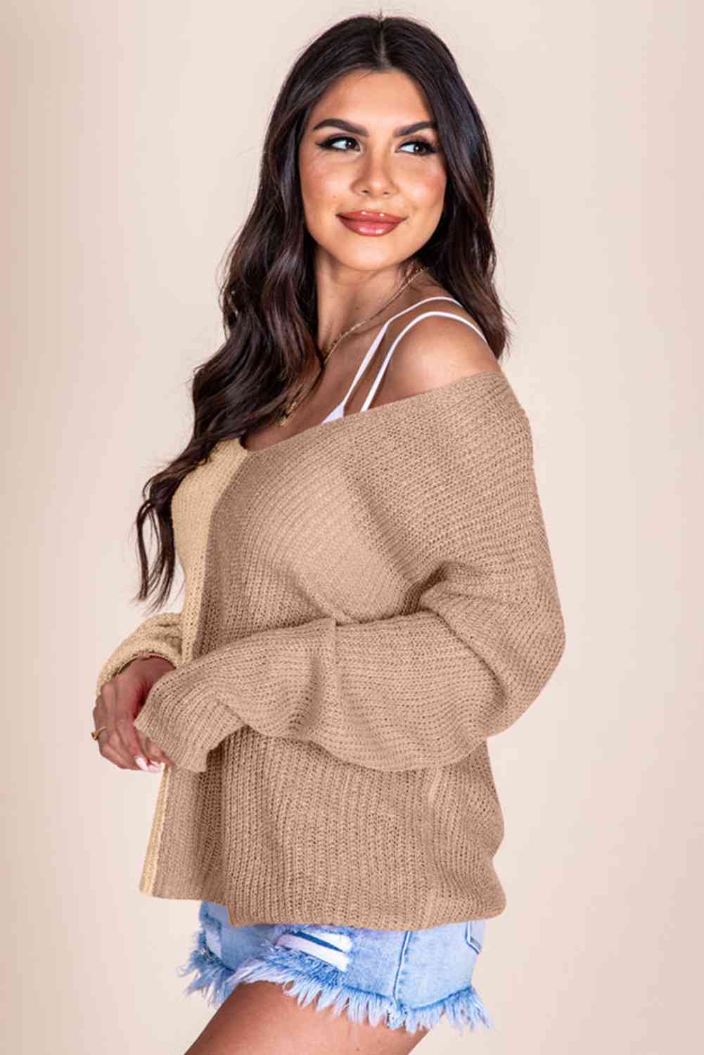 Contrast Color V - Neck Long Sleeve Pullover Sweater - Loulou Boutique
