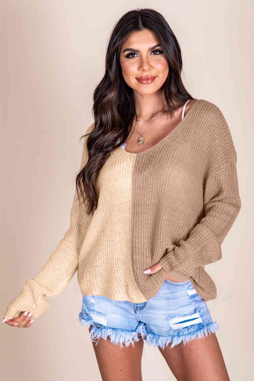 Contrast Color V - Neck Long Sleeve Pullover Sweater - Loulou Boutique