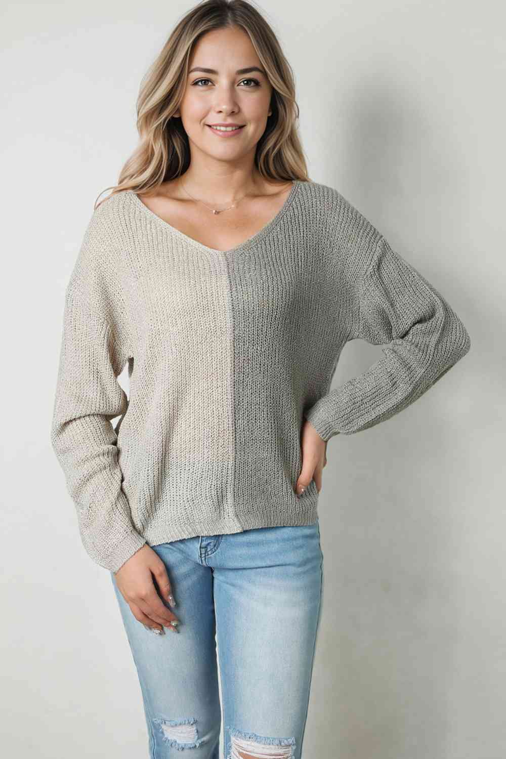 Contrast Color V - Neck Long Sleeve Pullover Sweater - Loulou Boutique