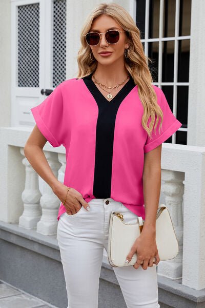 Contrast Johnny Collar Short Sleeve Blouse - Loulou Boutique