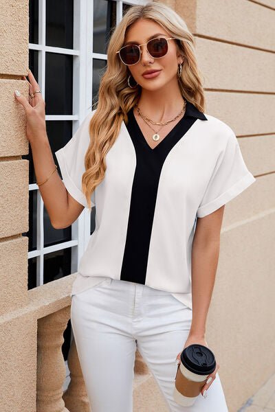 Contrast Johnny Collar Short Sleeve Blouse - Loulou Boutique