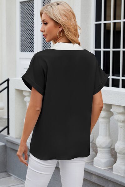 Contrast Johnny Collar Short Sleeve Blouse - Loulou Boutique