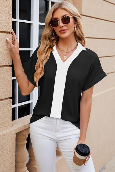 Contrast Johnny Collar Short Sleeve Blouse - Loulou Boutique