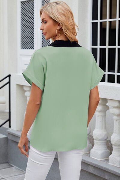 Contrast Johnny Collar Short Sleeve Blouse - Loulou Boutique