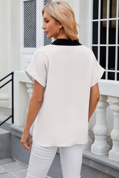 Contrast Johnny Collar Short Sleeve Blouse - Loulou Boutique