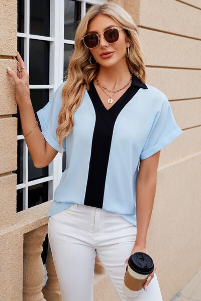 Contrast Johnny Collar Short Sleeve Blouse - Loulou Boutique