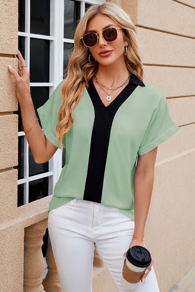 Contrast Johnny Collar Short Sleeve Blouse - Loulou Boutique