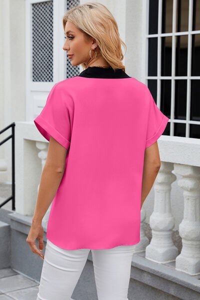 Contrast Johnny Collar Short Sleeve Blouse - Loulou Boutique