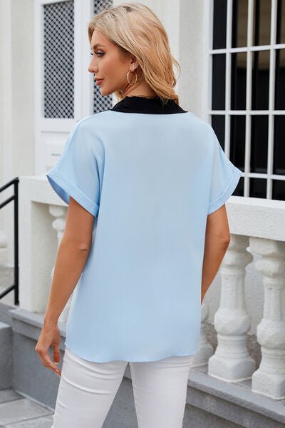 Contrast Johnny Collar Short Sleeve Blouse - Loulou Boutique